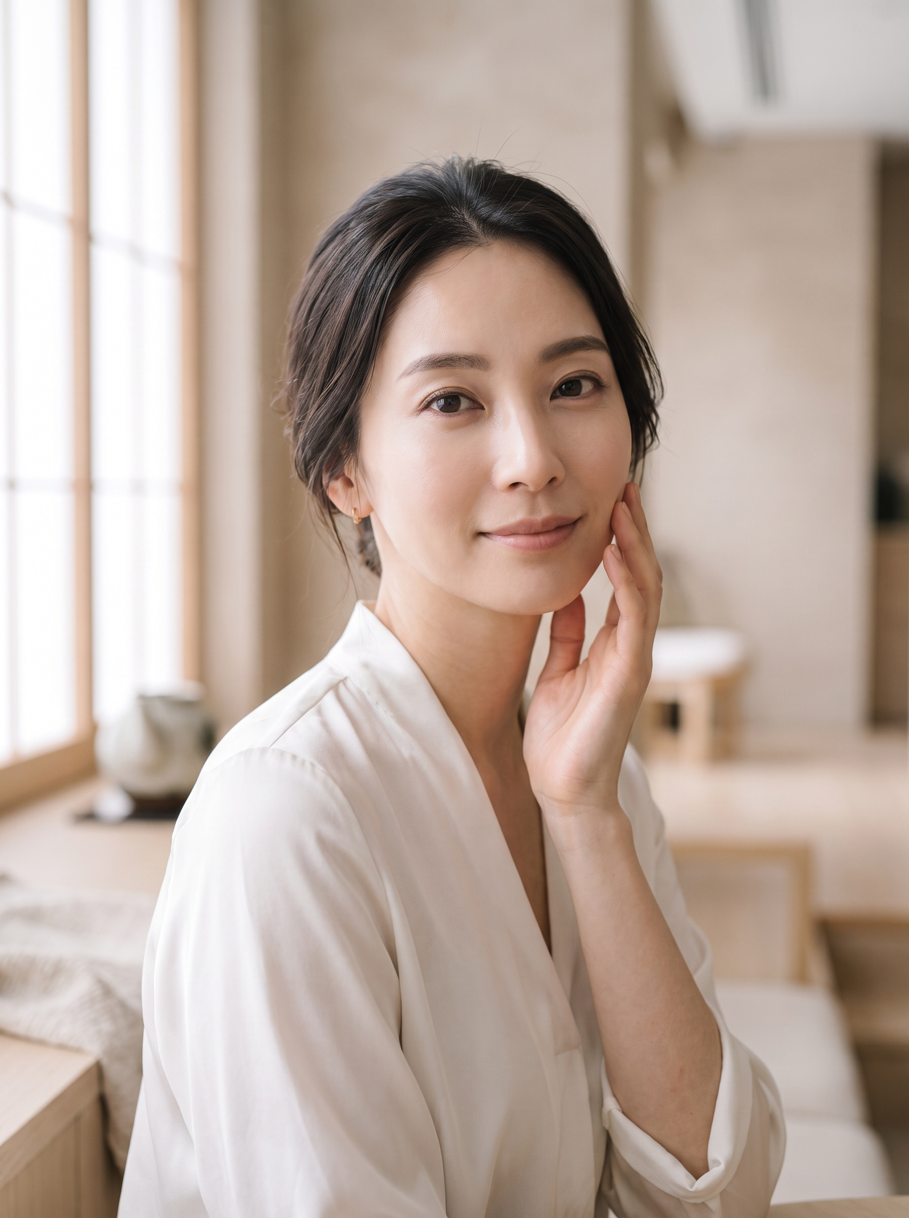 毛穴やハリ不足の悩みをイメージした女性ビジュアル