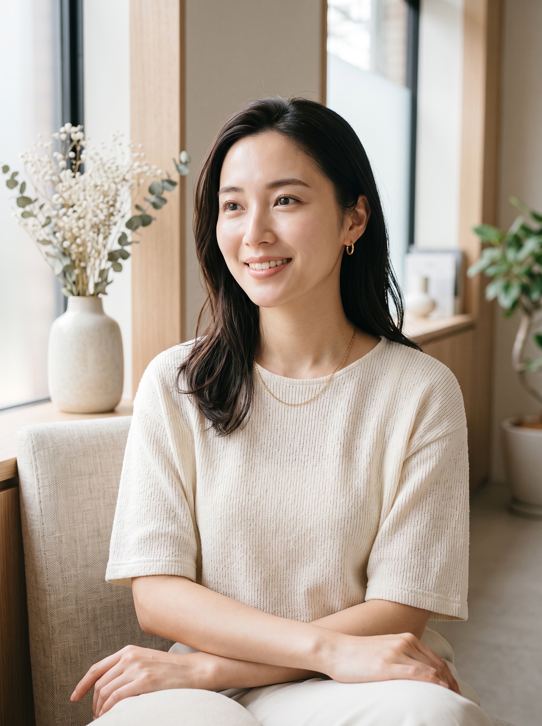 施術後の理想的な美肌で微笑むリラックスした女性