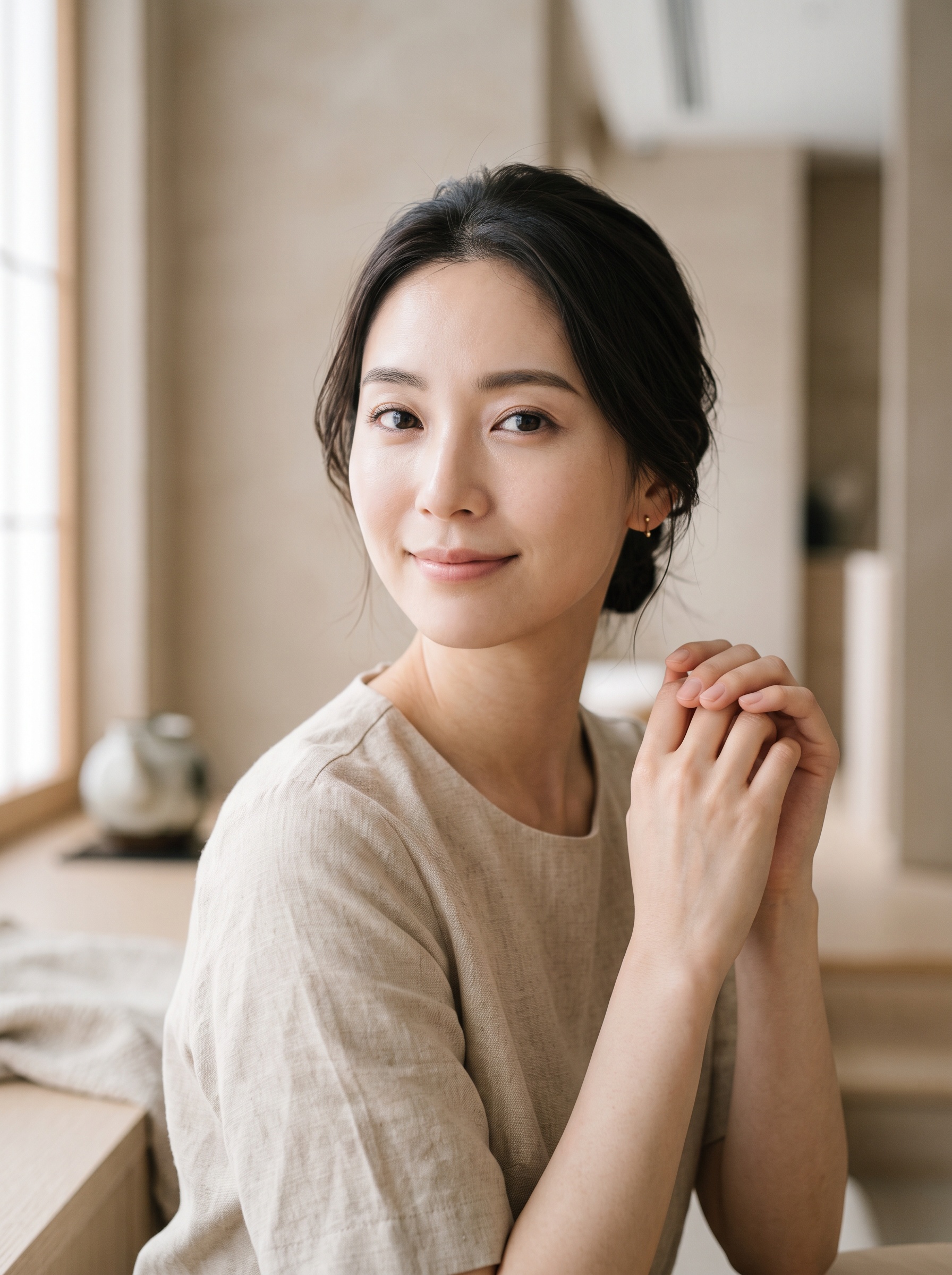 艶やかな肌で優しく微笑む女性のポートレート
