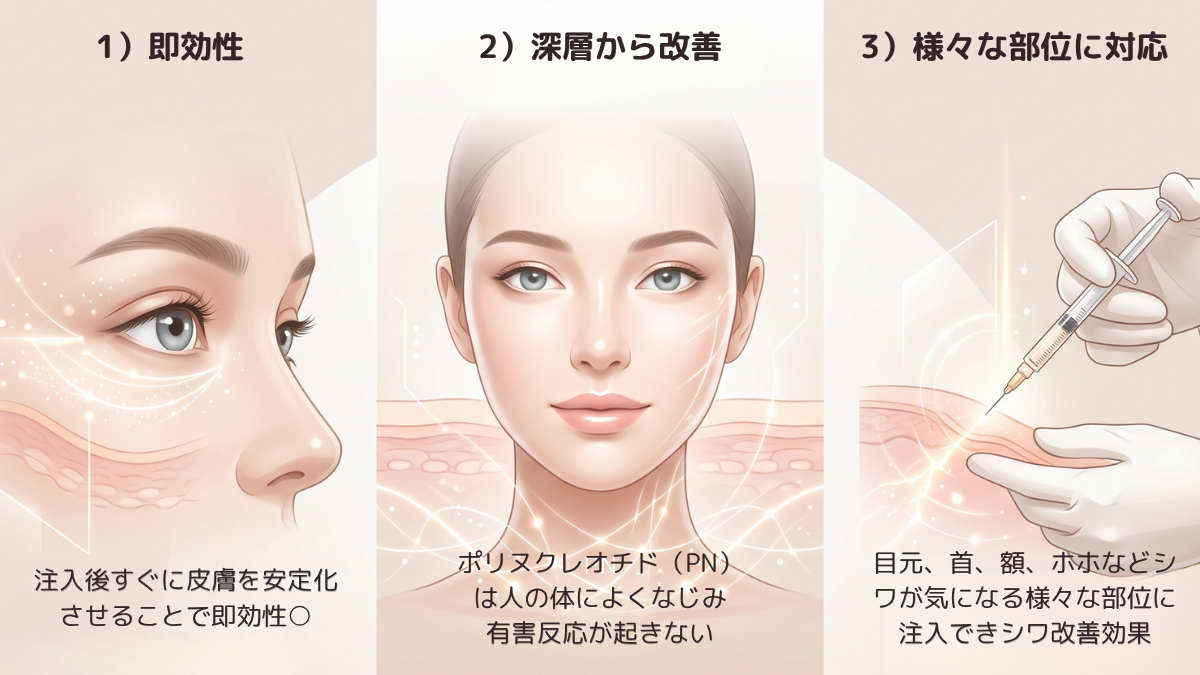 リジュラン注射の3つの効果（即効性・深層改善・複数部位対応）の解説イラスト